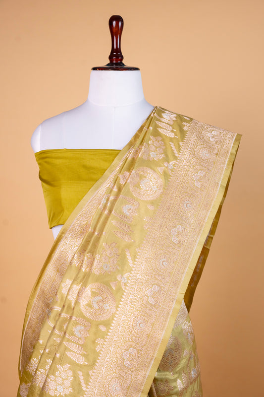 Pure Katan Silk Saree in Olive Green with Antique Gold Zari