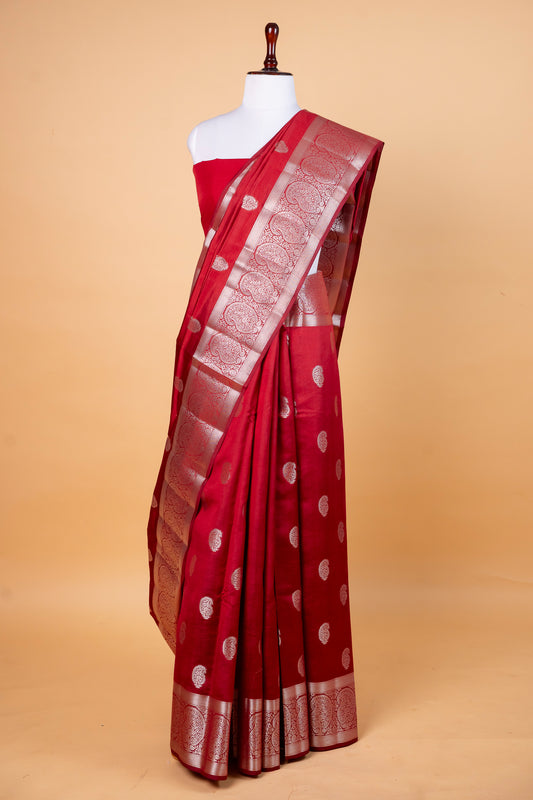 Pure Chinia Silk Saree in Deep Red with Silver Zari Accents