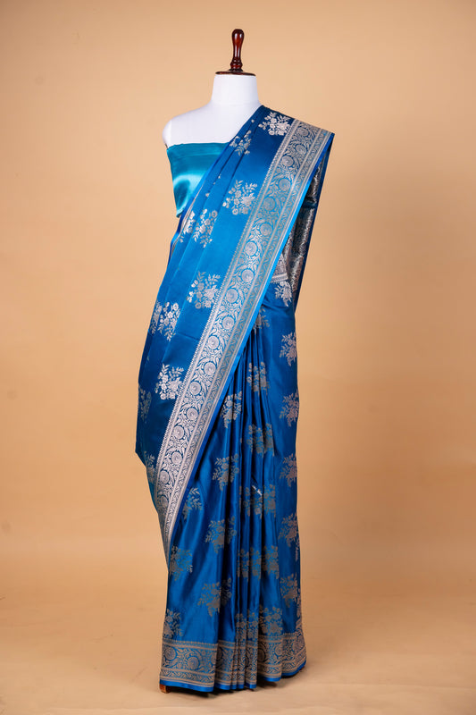 Ocean Blue Pure Banarasi Mashru Silk Saree with Silver Zari Floral Weaving