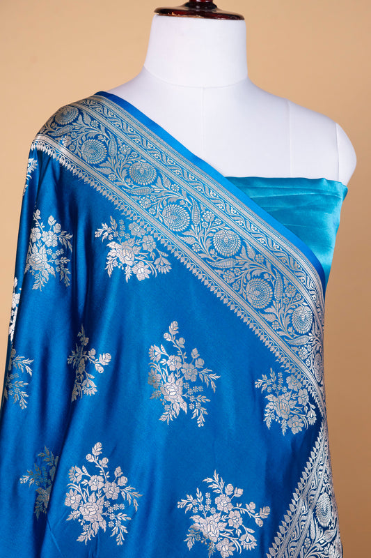 Ocean Blue Pure Banarasi Mashru Silk Saree with Silver Zari Floral Weaving