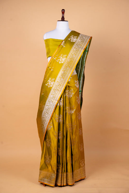 Mustard Pure Banarasi Mashru Silk Saree with Antique Gold Zari Border