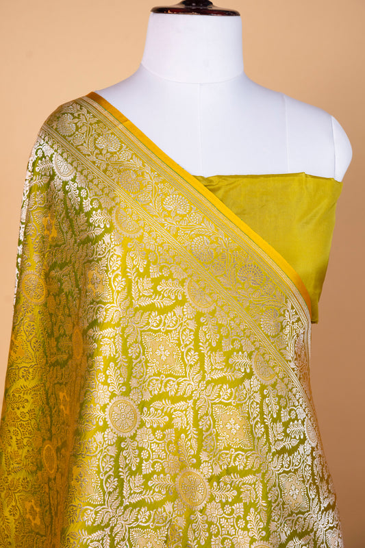 Olive Gold Pure Banarasi Mashru Silk Saree with Rich Zari Weave and Green Contrast Pallu