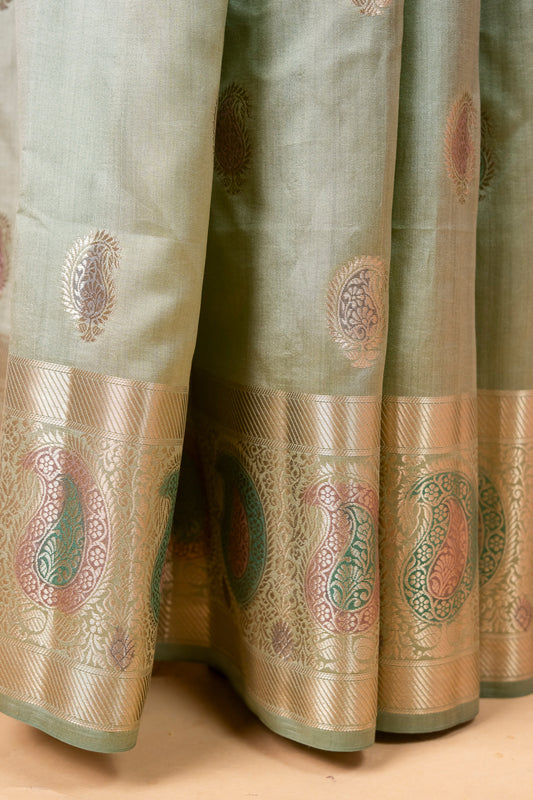 Mint Green Pure Chiniya Silk Saree with Handworked Meena Motifs