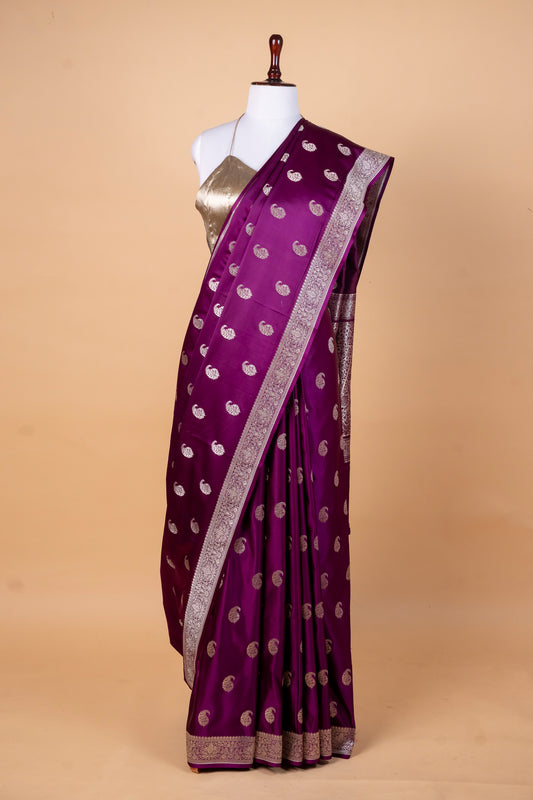 Royal Purple Pure Banarasi Mashru Silk Saree with Zari Border