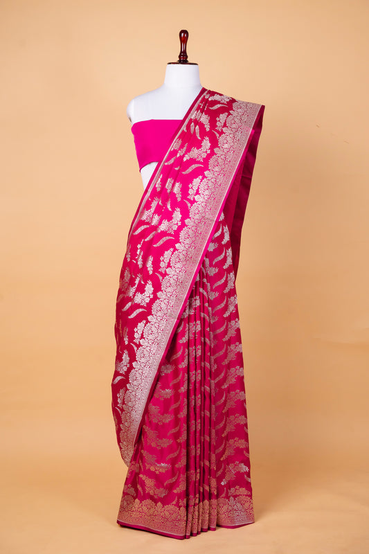 Vibrant Rani Pink Pure Banarasi Mashru Silk Saree with Silver Zari Floral Weaving