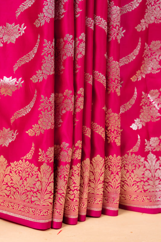 Vibrant Rani Pink Pure Banarasi Mashru Silk Saree with Silver Zari Floral Weaving