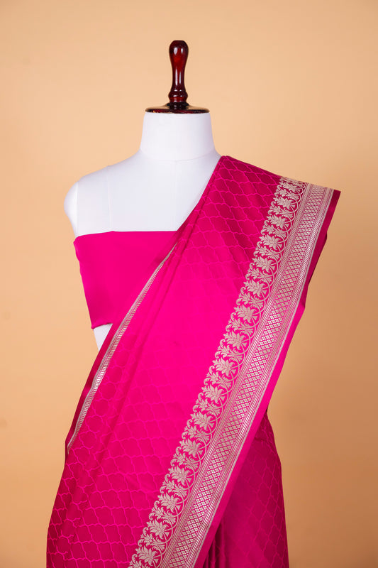 Vibrant Rani Pink Pure Banarasi Mashru Silk Saree with Silver Zari Floral Weaving