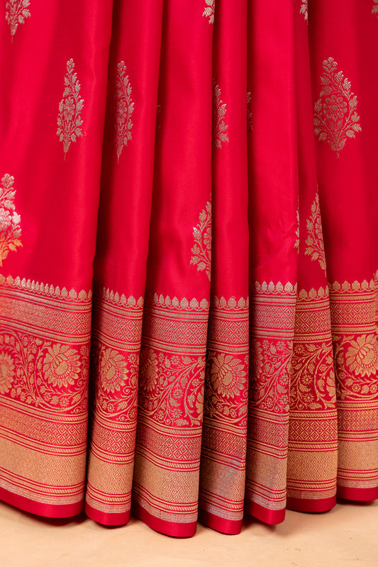 Classic Red Pure Banarasi Mashru Silk Saree with Silver Zari Border