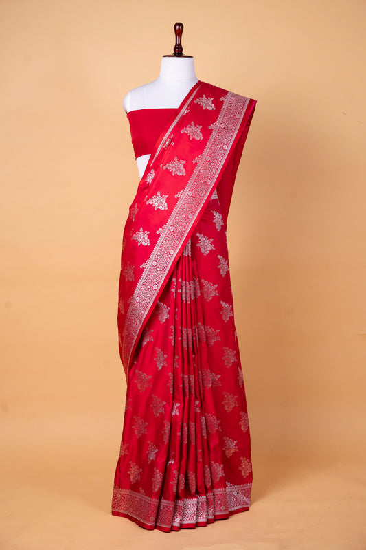 Regal Red Pure Banarasi Mashru Silk Saree with Silver Zari Work