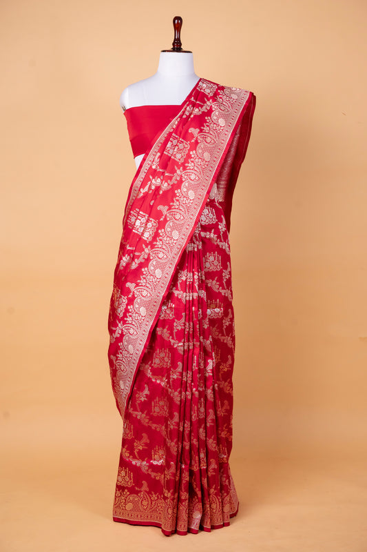Pure Katan Silk Saree in Classic Red with Intricate Silver Zari Jaal
