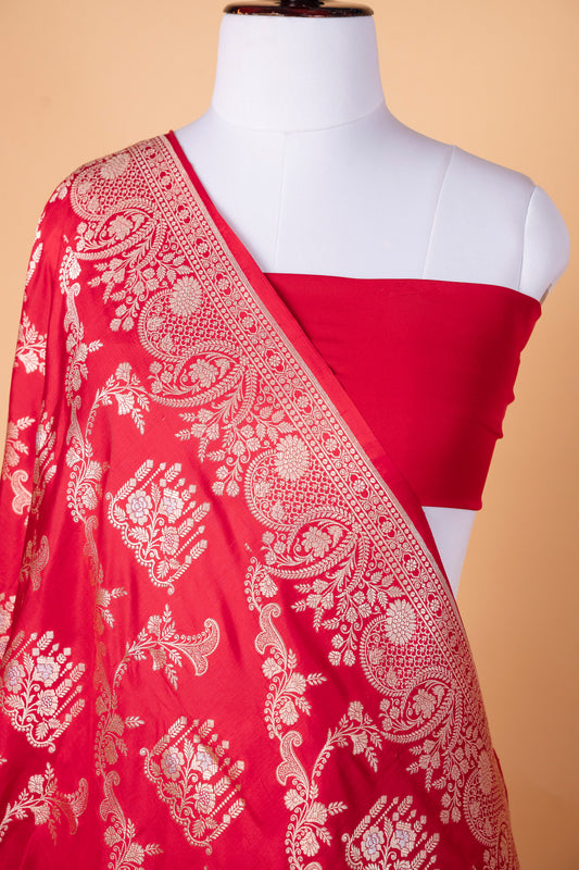 Pure Katan Silk Saree in Classic Red with Intricate Silver Zari Jaal