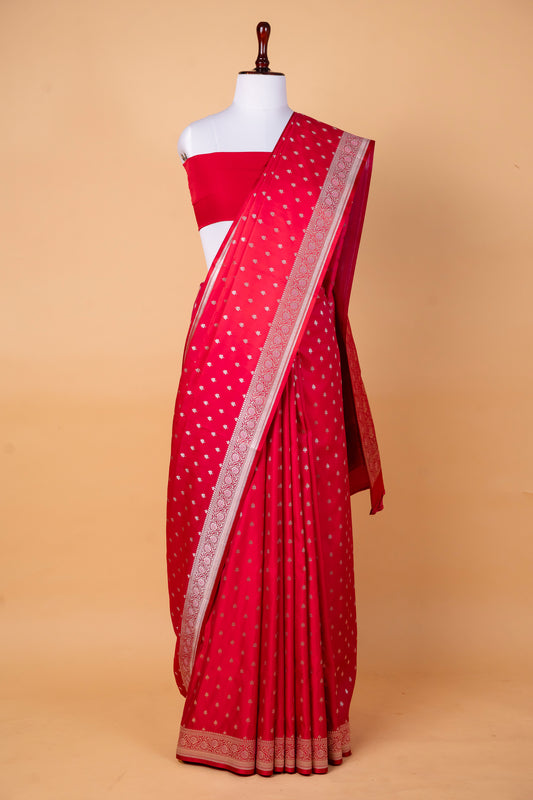 Classic Red Pure Banarasi Mashru Silk Saree with Silver Zari Buttis