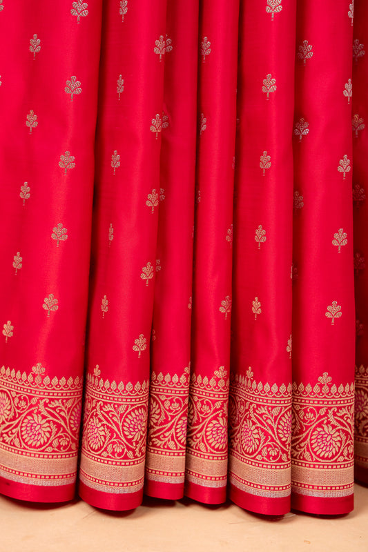 Classic Red Pure Banarasi Mashru Silk Saree with Silver Zari Buttis