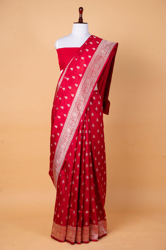 Pure Katan Silk Saree in Classic Red with Silver Zari Butti Work