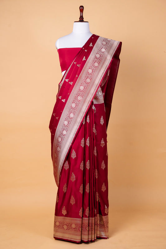 Deep Mehroon Red Pure Banarasi Mashru Silk Saree with Silver Zari Border