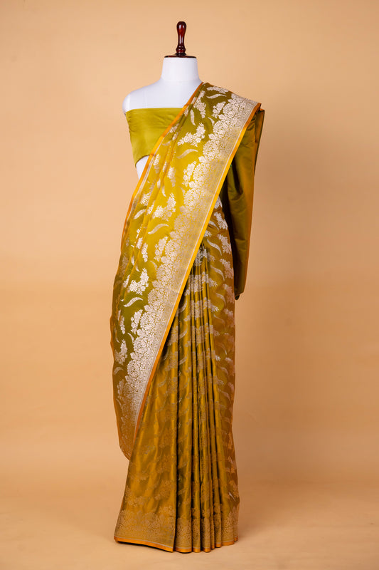 Olive Mustard Pure Banarasi Mashru Silk Saree with Silver Zari Weaving