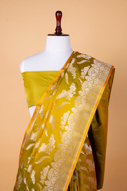 Olive Mustard Pure Banarasi Mashru Silk Saree with Silver Zari Weaving