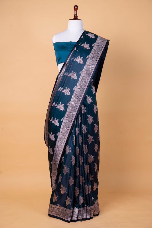 Deep Teal Pure Banarasi Mashru Silk Saree with Silver Zari Motifs