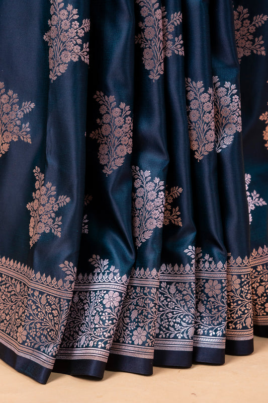 Deep Teal Pure Banarasi Mashru Silk Saree with Silver Zari Motifs
