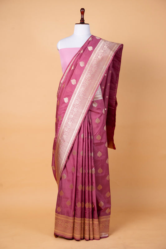 Bumber Silk Saree in Rose Mauve with Gold Zari Butti