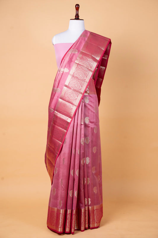 Pure Chiniya Silk Contrast Saree in Soft Pink with Rich Zari Border