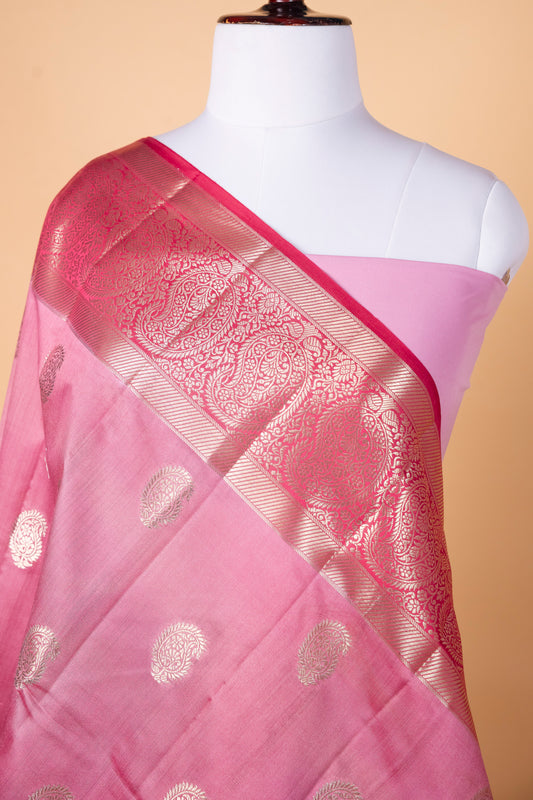 Pure Chiniya Silk Contrast Saree in Soft Pink with Rich Zari Border