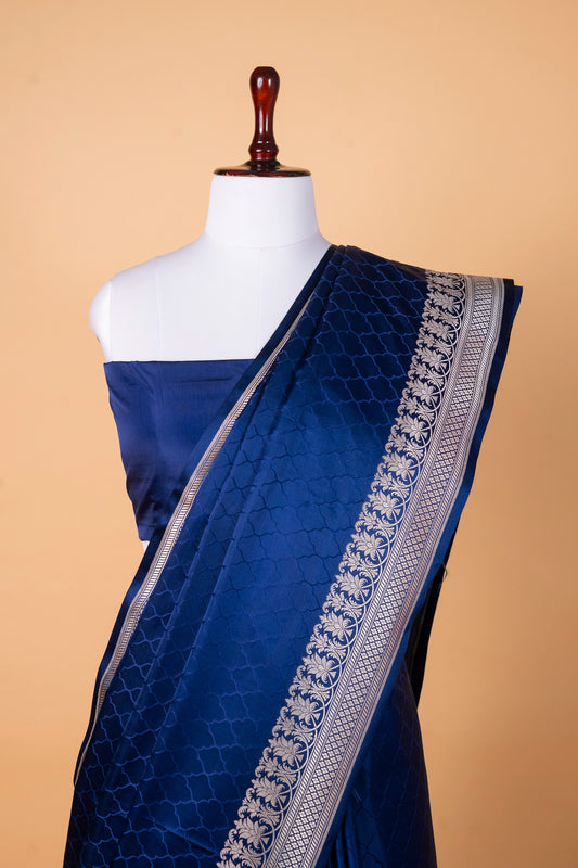 Deep Navy Blue Pure Banarasi Mashru Silk Saree with Silver Zari Border
