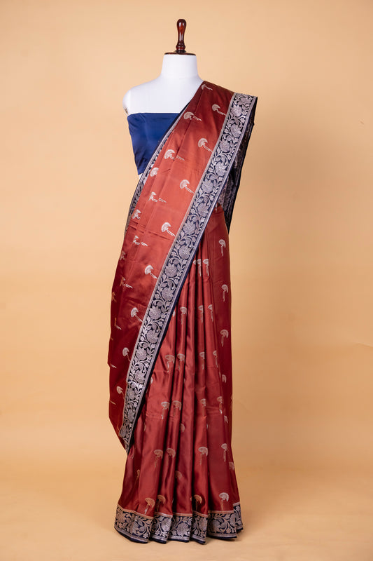 Burnt Rust Pure Banarasi Mashru Silk Saree with Contrast Navy Border