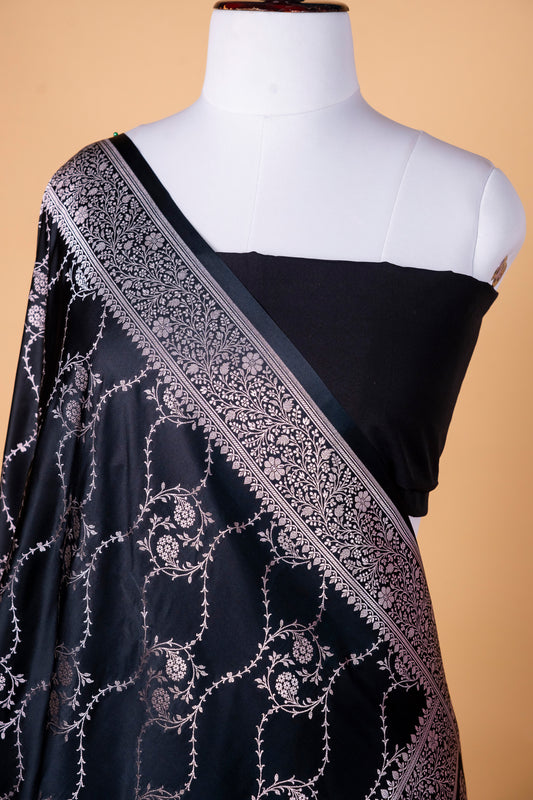 Classic Black Pure Banarasi Mashru Silk Saree with Silver Woven Elegance