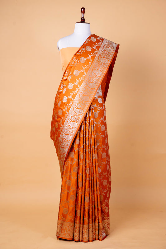 Mustard Orange Pure Banarasi Mashru Silk Saree with Intricate Silver Zari