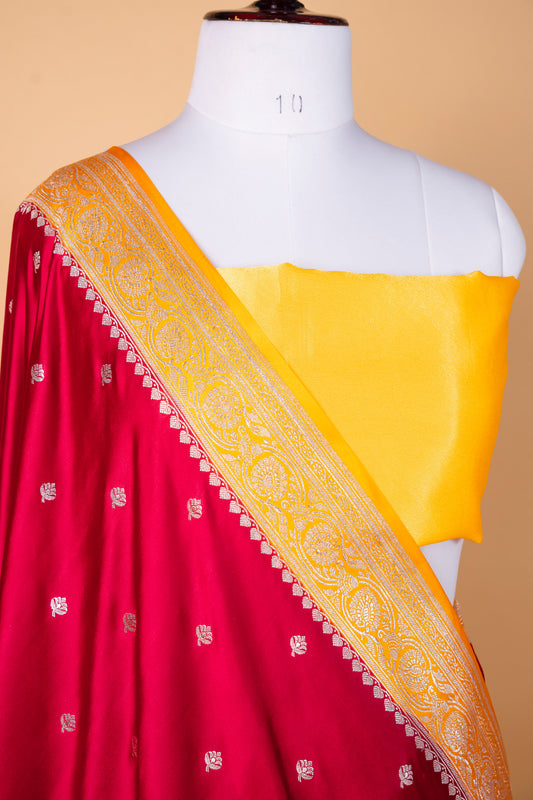 Regal Red Pure Banarasi Mashru Silk Saree with Golden Yellow Border