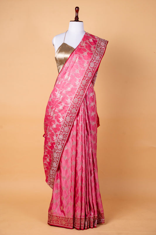 Vibrant Pink Pure Banarasi Mashru Silk Saree with Timeless Elegance