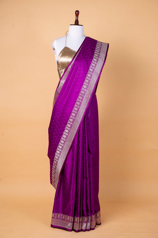 Royal Purple Pure Banarasi Mashru Silk Saree with Silver Zari Border