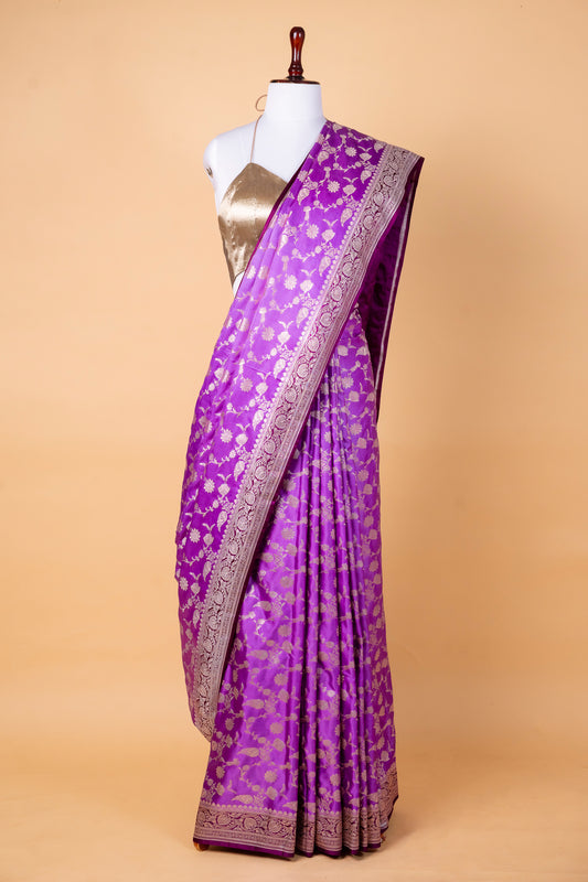 Vibrant Purple Pure Banarasi Mashru Silk Saree with Intricate Silver Zari Work