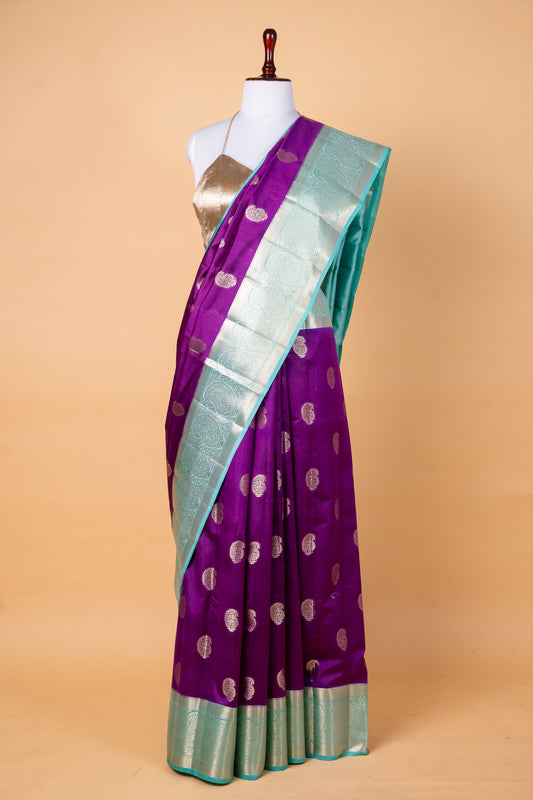 Pure Chinia Silk Contrast Saree in Royal Purple and Aqua Blue