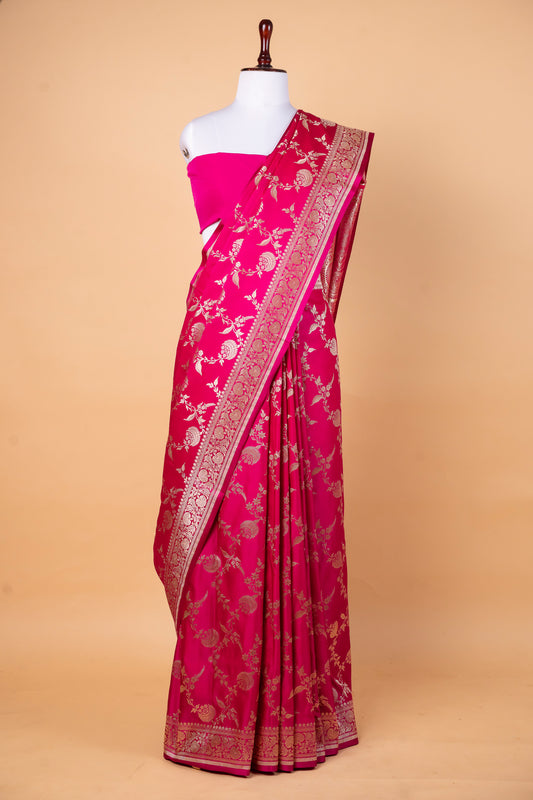 Vibrant Rani Pink Pure Banarasi Mashru Silk Saree with Zari Weaving