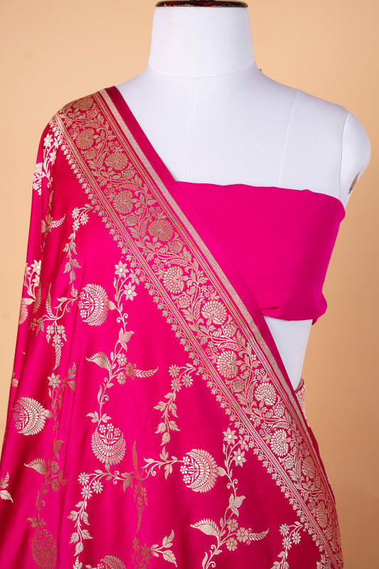 Vibrant Rani Pink Pure Banarasi Mashru Silk Saree with Zari Weaving