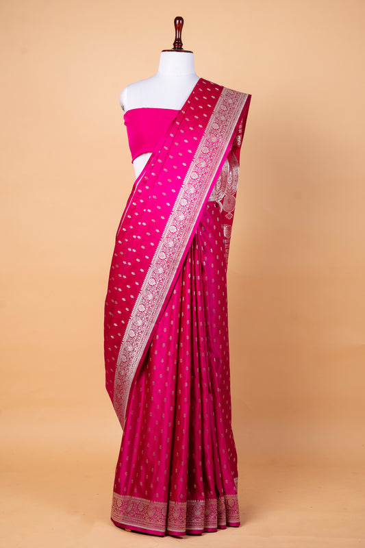 Rani Pink Pure Banarasi Mashru Silk Saree with Delicate Zari Butis