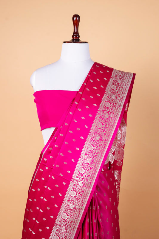 Rani Pink Pure Banarasi Mashru Silk Saree with Delicate Zari Butis