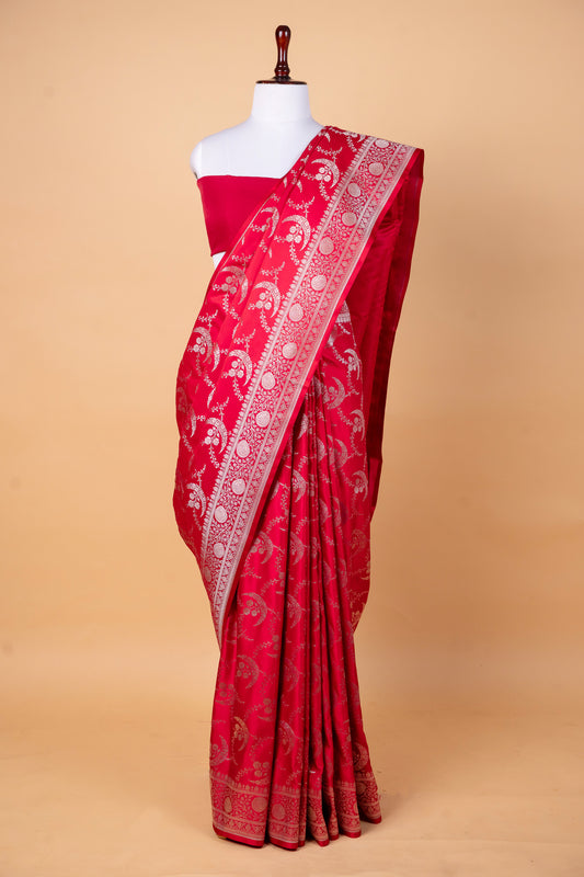 Regal Red Pure Banarasi Mashru Silk Saree with Silver Zari Paisley Weaving