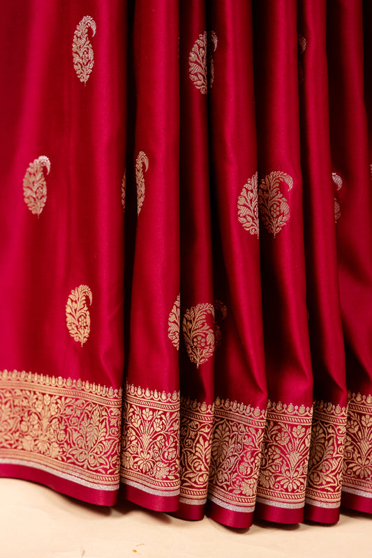 Deep Maroon Pure Banarasi Mashru Silk Saree with Silver Paisley Motifs