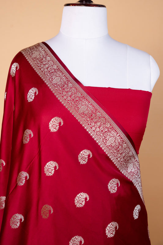 Deep Maroon Pure Banarasi Mashru Silk Saree with Silver Paisley Motifs
