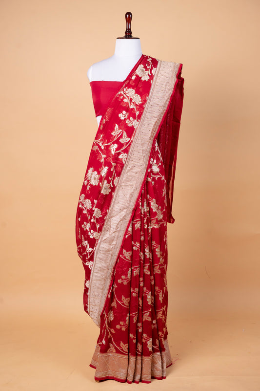Pure Chiffon Khaddi Saree in Deep Red with Gold Zari Floral Weaving