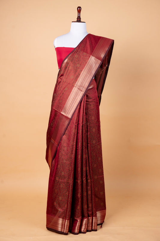 Handwoven Jamdani Saree in Deep Maroon with Intricate All-Over Motifs