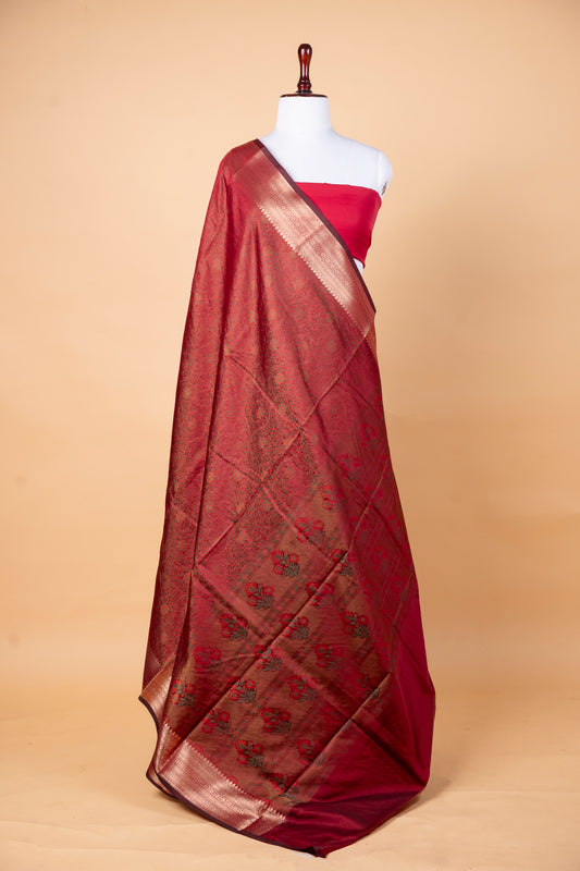Handwoven Jamdani Saree in Deep Maroon with Intricate All-Over Motifs