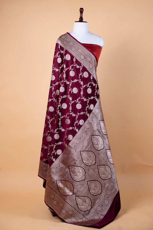 Wine Maroon Pure Banarasi Mashru Silk Saree with Regal Zari Elegance