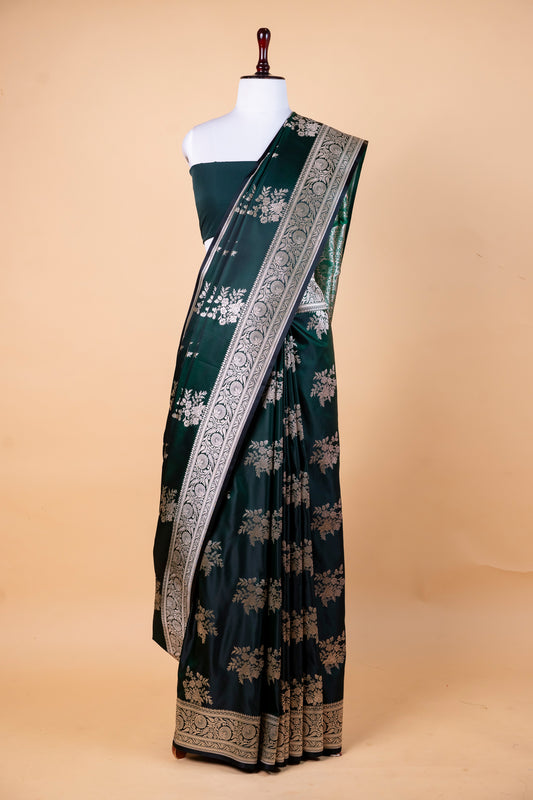 Deep Green Pure Banarasi Mashru Silk Saree with Silver Floral Weaving
