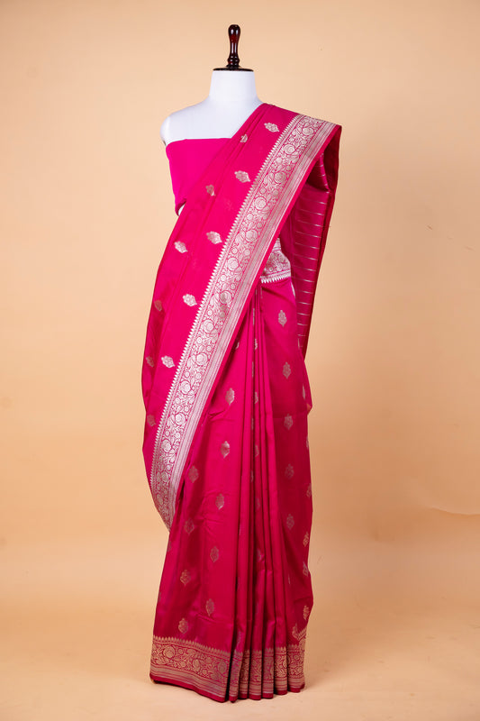 Rani Pink Pure Banarasi Mashru Silk Saree with Silver Zari Buta and Ornate Border