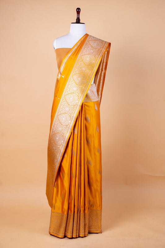 Golden Mustard Pure Banarasi Mashru Silk Saree with Silver Zari Buttis and Ornate Border