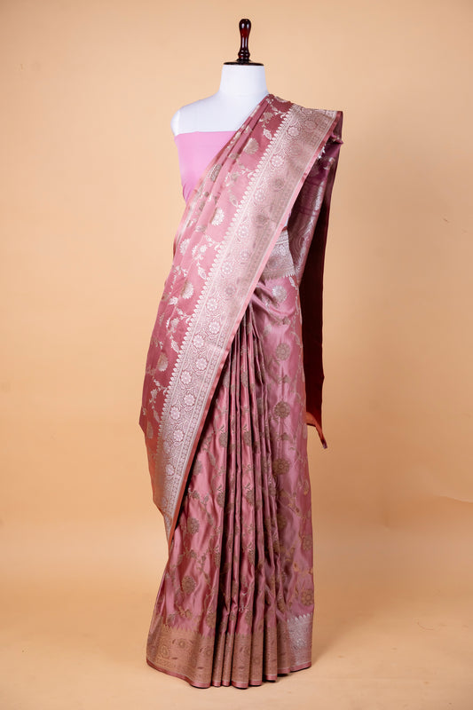 Dusty Rose Pink Pure Banarasi Mashru Silk Saree with Silver Zari Floral Weaving